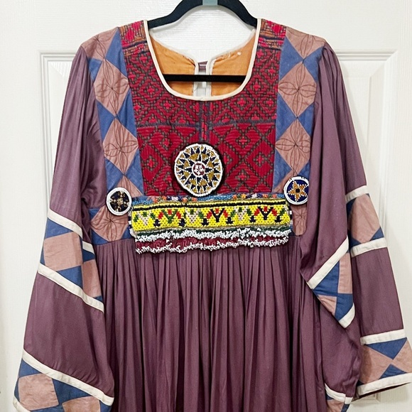 Vintage 1970s Afghan Kuchi Embroidered Beaded Patchwork Bohemian Tribal Dress - Picture 2 of 8
